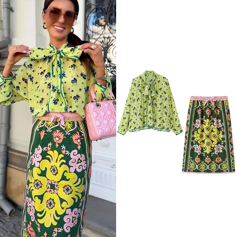 Guobioziy Women's Suit 2026 Autumn New Collection Floral Ribbon Shirt Retro Printed Half Skirt Two-Piece Set with Bow