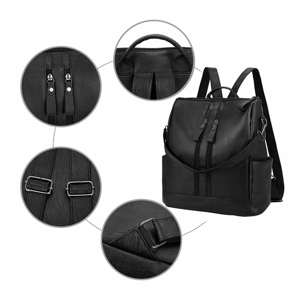 Women\'s Fashion Black Leather Backpack Multi-Pocket Large Capacity Soft Leisure Bag for Outdoor Travel