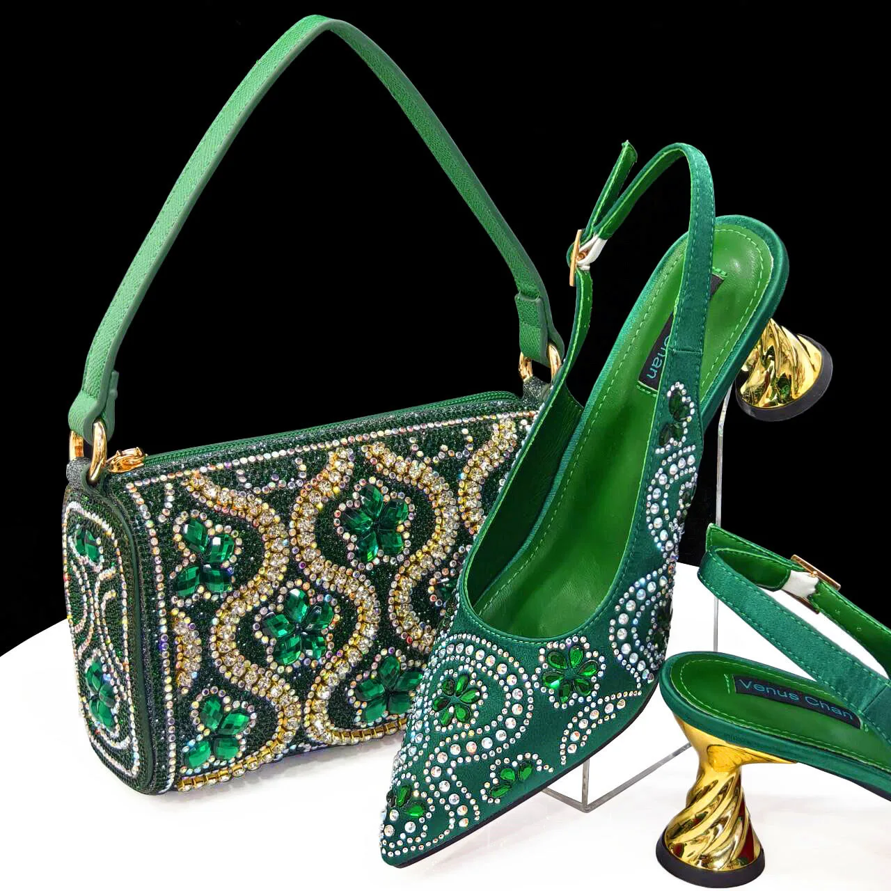 New Senior Banquet Shoes and Bags African Fashion Green Ladies Matching Shoes and Bags Pointed Toe High Heels Wedding Party