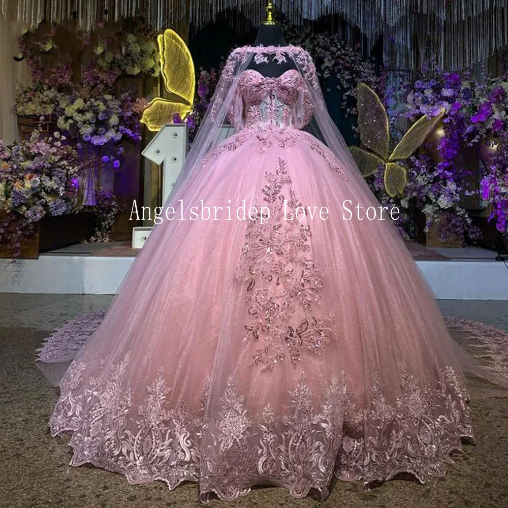 

Розовое Бальное Платье Angelsbridep, 15 лет, платья для Quinceanera 2024 с накидкой, бисером, платье принцессы для дня рождения