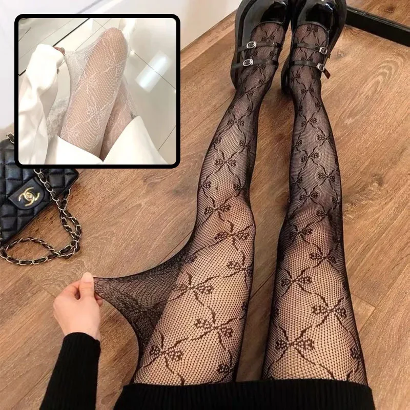 Fashion Female Tights Lace Retro Bow Jacquard Pantyhose Hollow Out Transparent Bow Fishnet Stockings Sexy Lingerie Women Girls