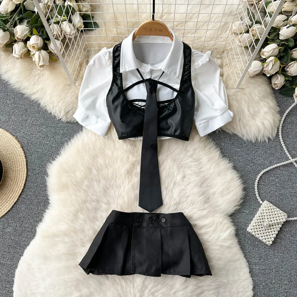 

Sexy Hot School uniform Bubble Sleeves Ruffle Hollowed Short top shirt PU Leather Camisole Mini Pleated Skirt Tie 4 Pieces Set