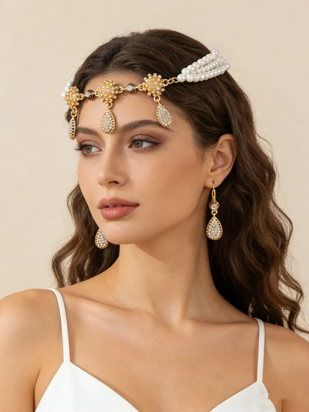 

Элегантный свадебный комплект украшений: жемчужный ободок, серьги, бусы ручной работы, металлический кулон в марокканском стиле, универсальное ожерелье-ободок