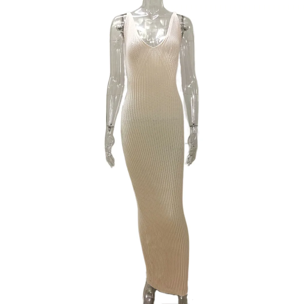 2026 Estate Scava Fuori Lavorato A Maglia Aderente Maxi Vestito Delle Donne Sexy Con Scollo A V Cinghie di Spaghetti Backless Vacanza Spiaggia Abiti Abito Lungo