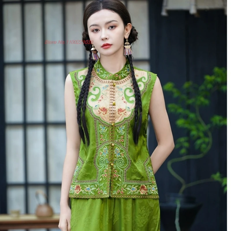 

2025 китайские винтажные топы ханьфу, традиционный атласный жаккардовый жилет с воротником-стойкой, жилет без рукавов с национальной цветочной вышивкой