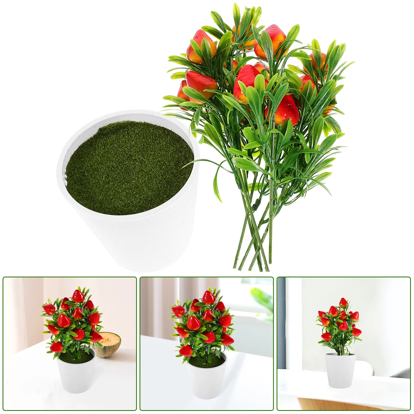 

Artificial Strawberry Plant Decor Simulated Fruit Branches Home Faux Bonsai Desktop Adornment Green Plant Fake Flower