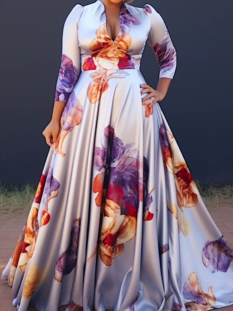 Plus Size Floral Printing Maxi Dresses Elegant Multicolor V Neck 3/4 Sleeve Cotton Long Dress Party Wedding Evening Dress 2024