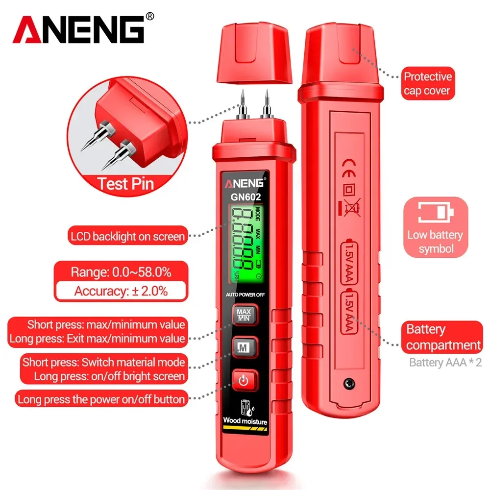 Digital Wood Moisture Meter Professional GN602 Timber Damp Tester 0~58% Building Materials Handheld Hygrometer Lumber Detector