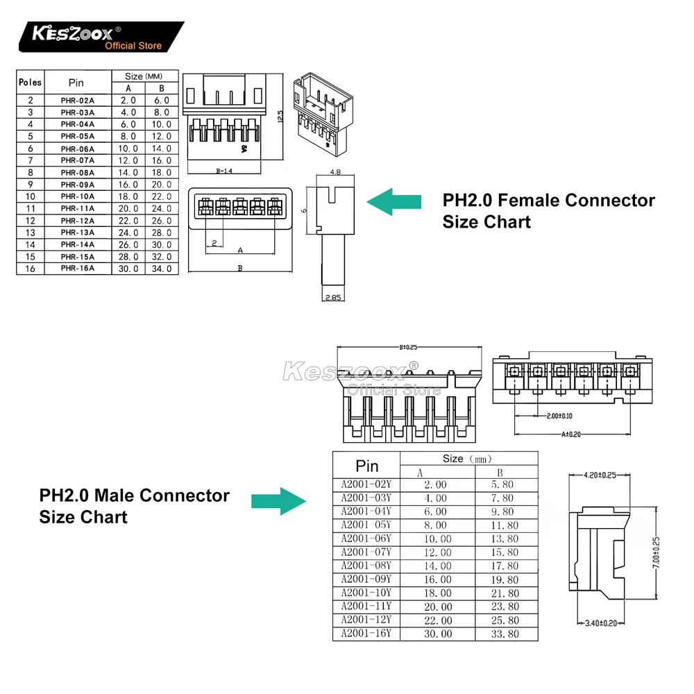 Keszoox JST 2mm PHR PH 2.0 2-10p Male Female Housing with 22AWG Pre-crimped Wire Connectors Adaptor PH Kits