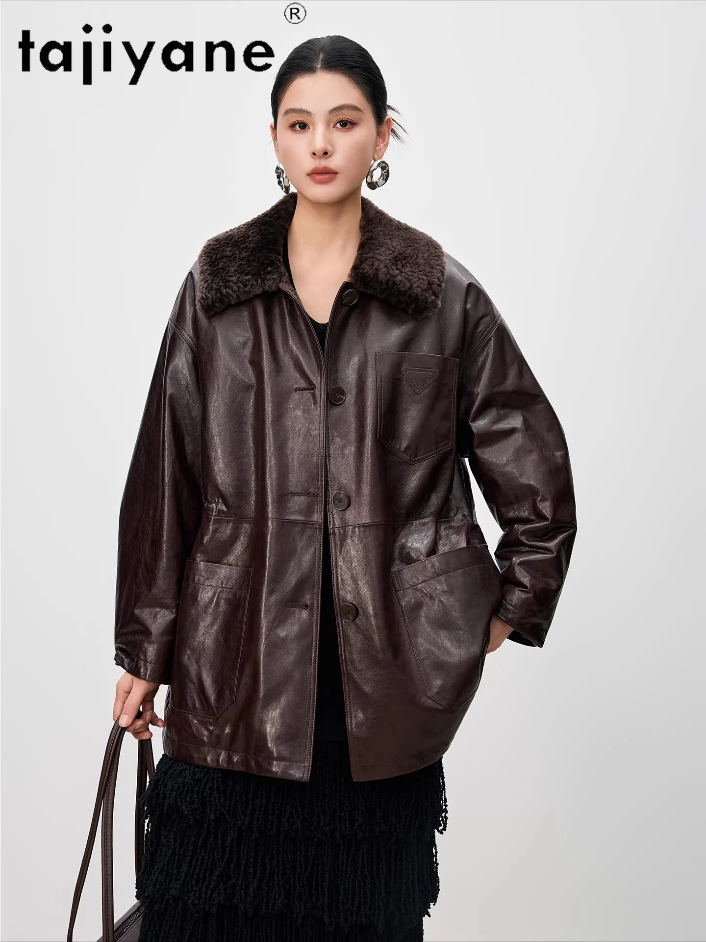 เสื้อโค้ทขนเป็ดแท้ TAJIYANE 100% หนังแกะชั้นดี ทรงยาวปานกลาง สำหรับฤดูหนาว พร้อมปกขนสัตว์ รุ่นปี 2025