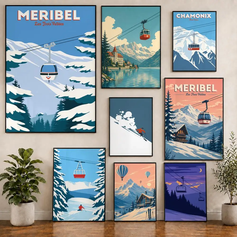 Vintage Alpine Ski Resort Landscape Poster Pvc HD Peel and Stick Modern poster Home Office Living Room Dining Room Wall Decor