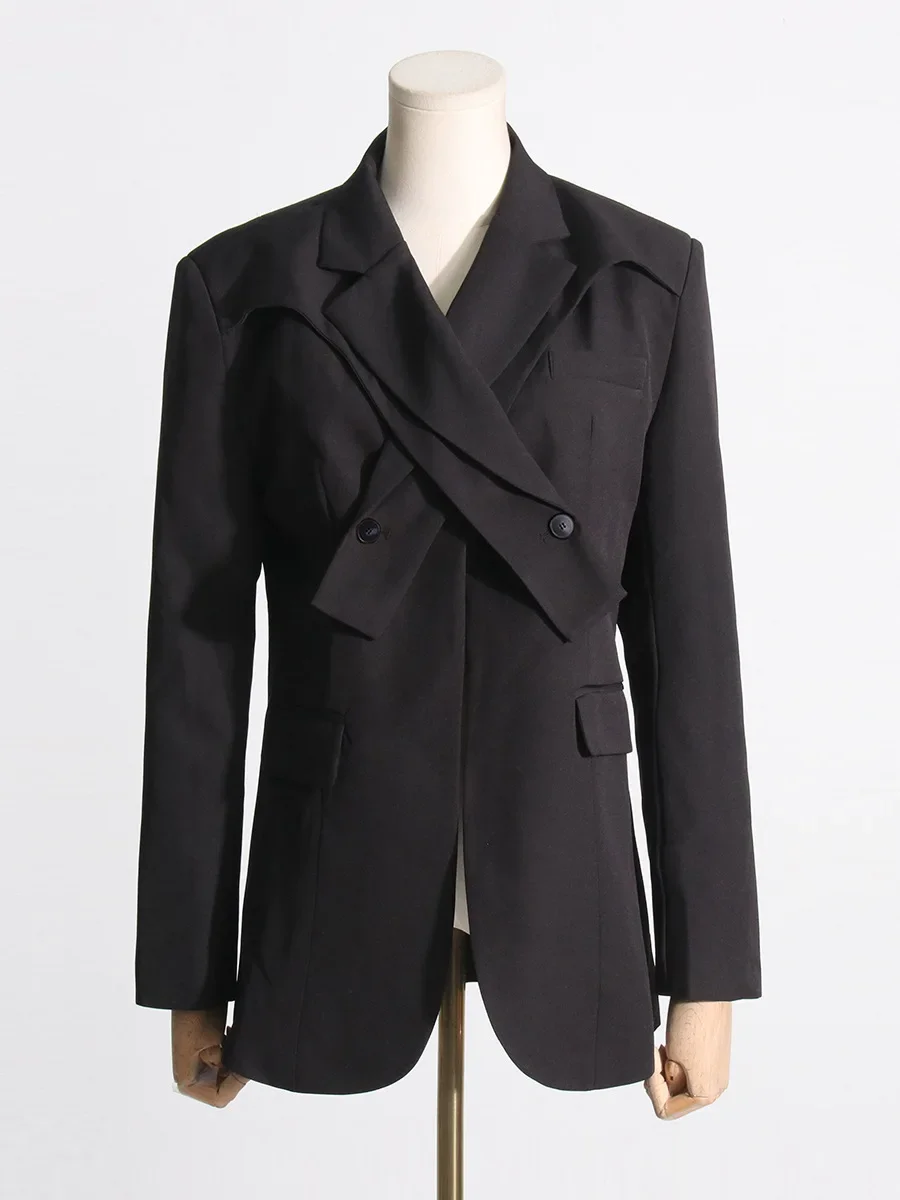 Costume noir pour femme, blazer croisé, veste à la mode, tenue de bureau formelle, vêtements de travail d'affaires, manteau chaud pour fille, tenue de printemps et d'automne, 1 pièce