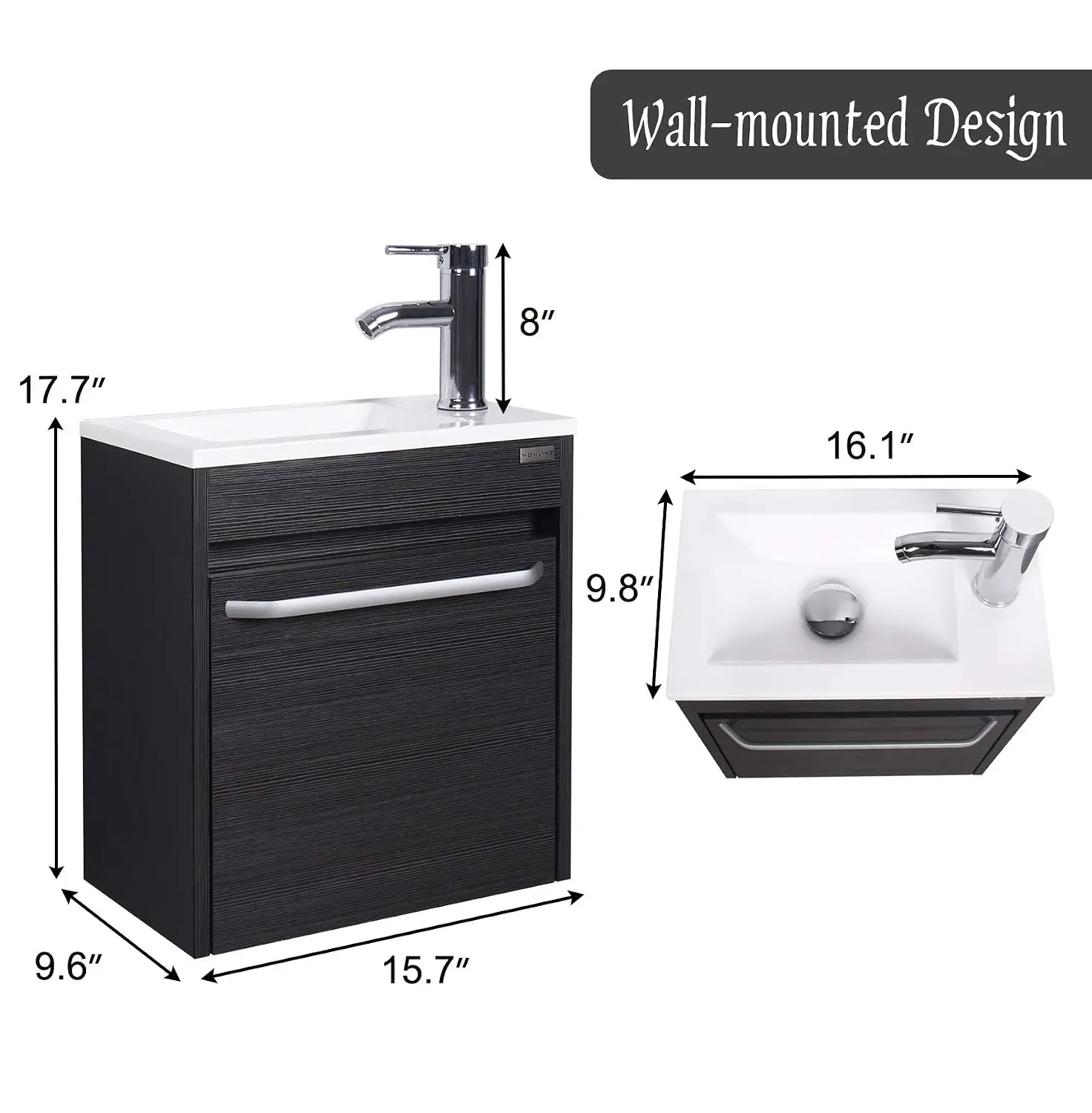 Black Wall Mounted Bathroom Vanity Sink Combo Small Space Cabinet White Resin Basin Chrome Faucet 16