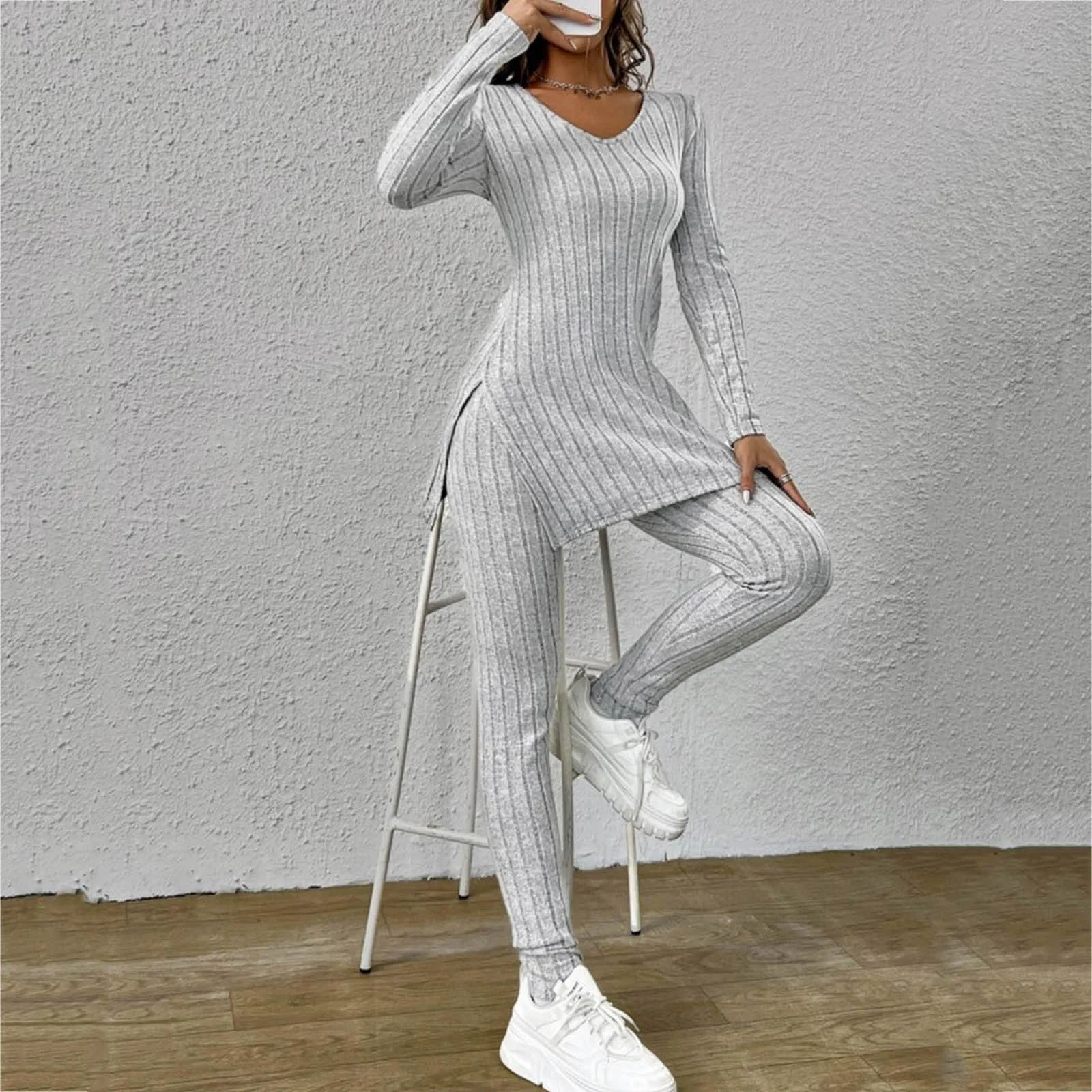 Autumn Winter 2 Pieces Set Women Knitted Solid Long Sleeve Sweater Tops Slim Fit Pants Sets Fashion Elegant Warm Trousers Outfit