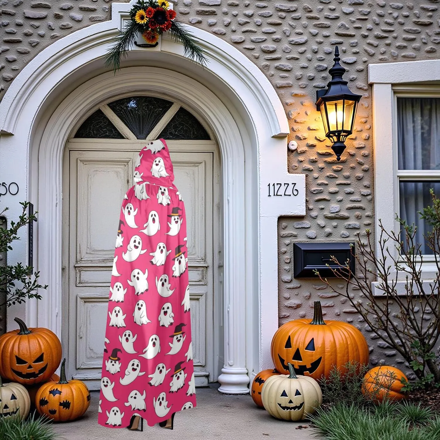 Cute Ghost Witch Hat Pattern Hooded Cloak Halloween Costume Cape for Adults Men Women