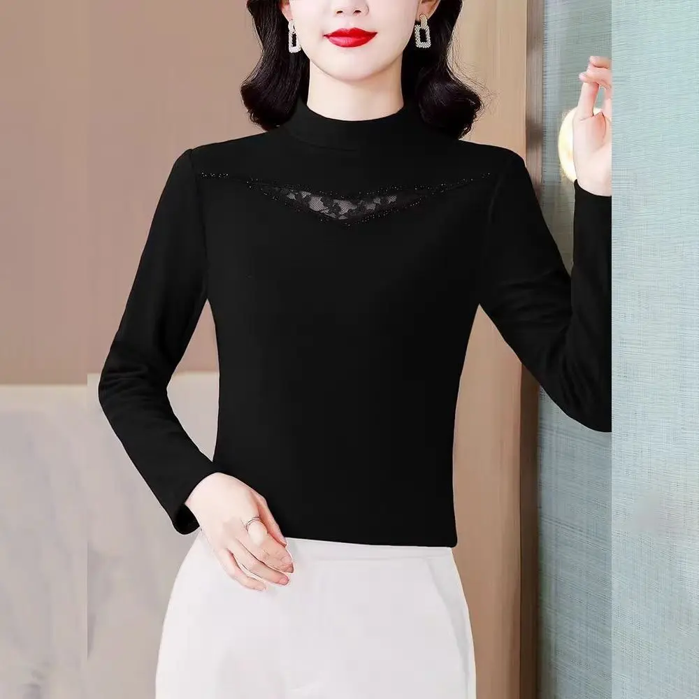 بلوزة نسائية أنيقة مع دانتيل بتفاصيل الياقة المدورة وأكمام طويلة بقصة ضيقة لملابس الربيع والخريف #6