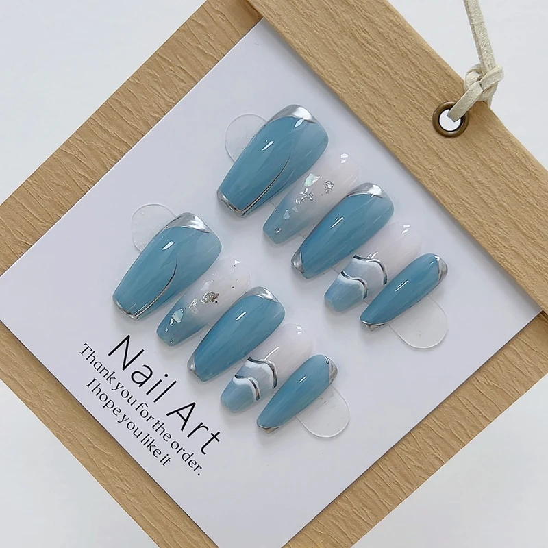 10pcs Elegant Coffin Handmade Press on Nail Blue with Silver Hand-Painted Pattern Full Cover Wearable Artificial Nail Tips Art