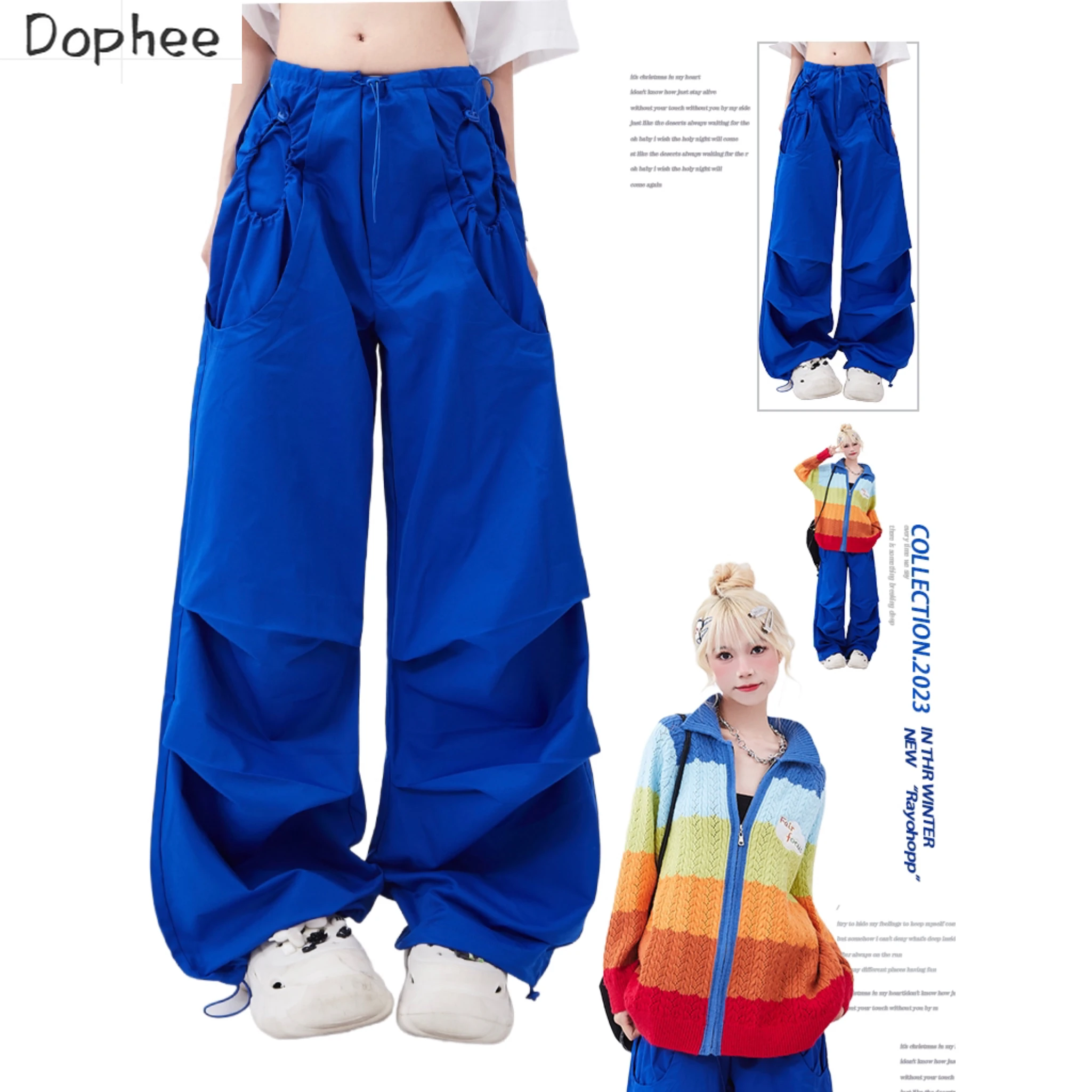 

Dophee Klein Blue Women Cargo Pants New Spring Autumn Large Pockets Dopamine Long Trousers Spice Girls Casual Straight Pants