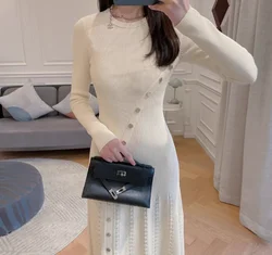 Women Metal Diagonal Buckle Mid-Length Dress Spring 2024 New Lady O-Neck Long Sleeve Thread Slit Hem Slim Long Robe