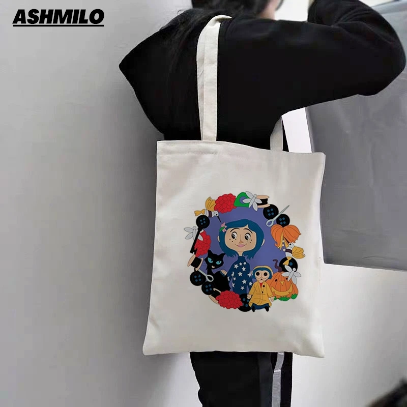 Coraline Girls Kawaii Anime Printing Cartoon Women Shopping Bag Eco Canvas Shopper Bolsas De Tela Bag Shopping