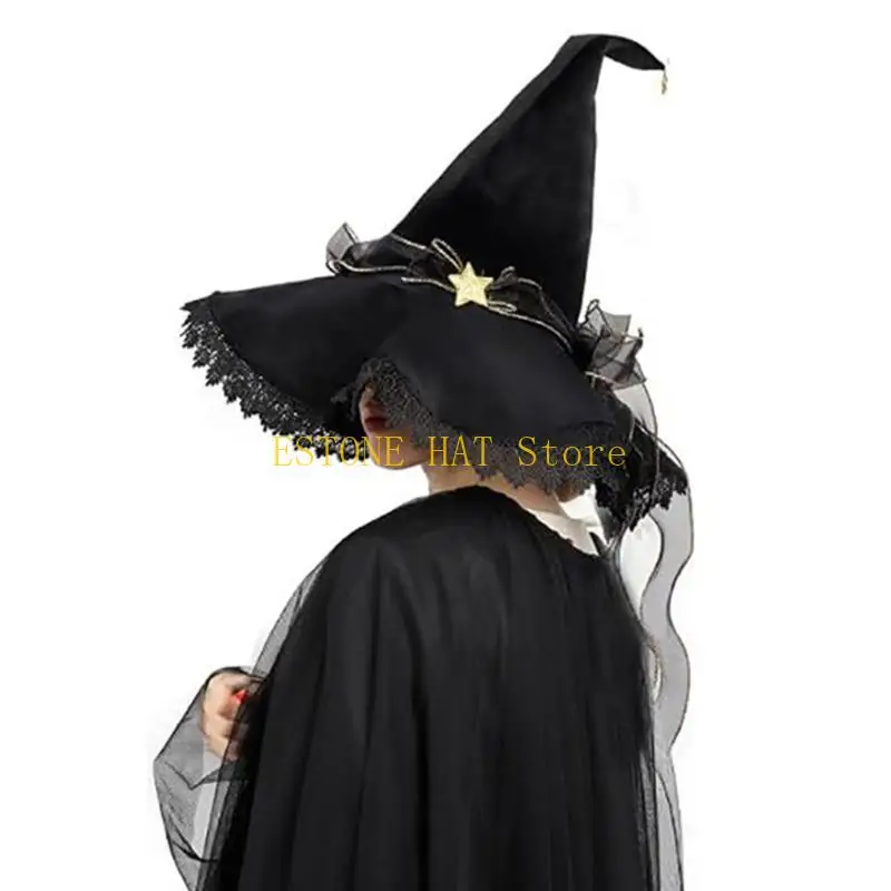 49MF Halloween witch hat with ribbon trim and pointed top for adult costumes