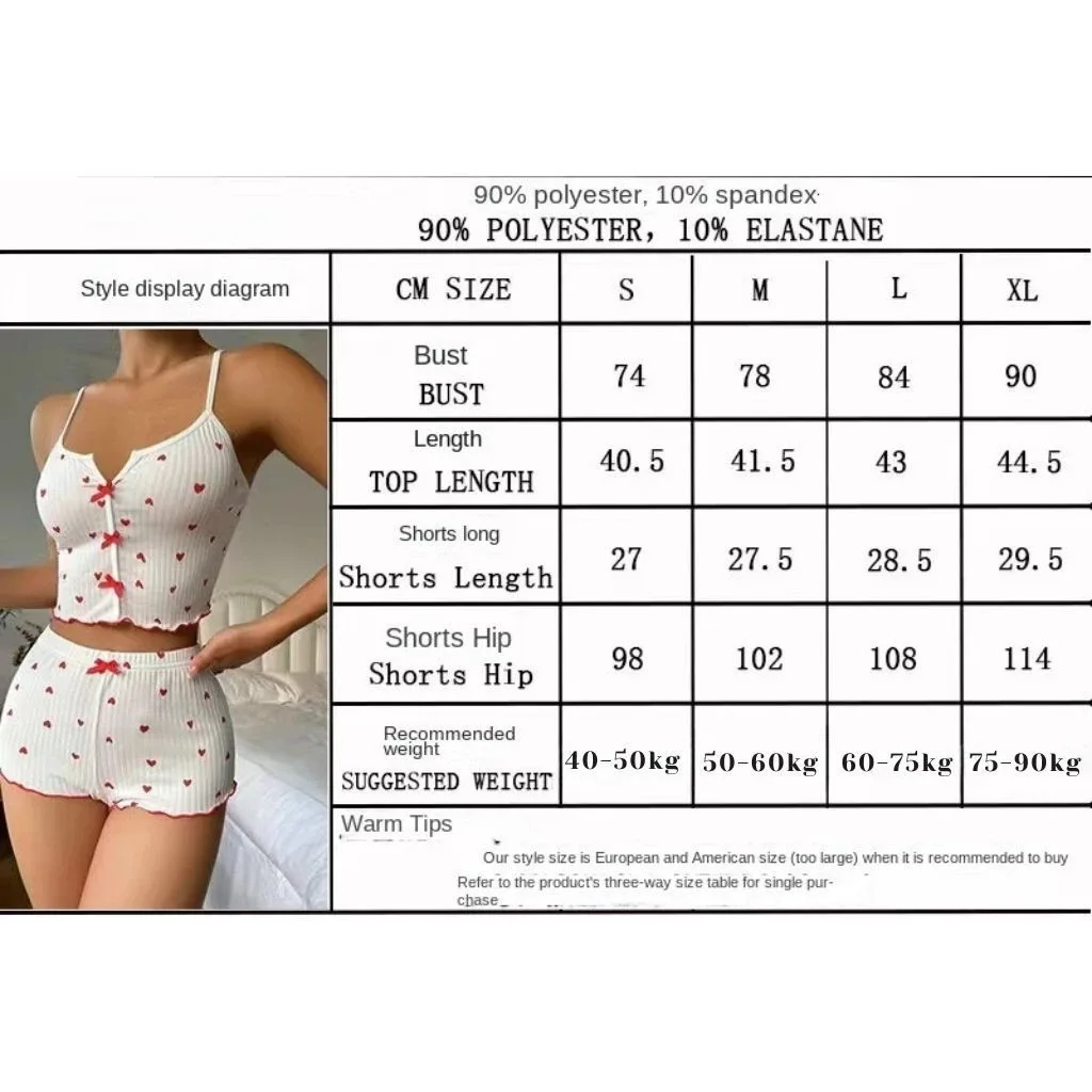 Pigiama da donna in seta con stampa a cuore Set sexy scollo a V senza maniche Casual Cami Top e pantaloncini Abito a costine traspirante Pigiama Nuovo
