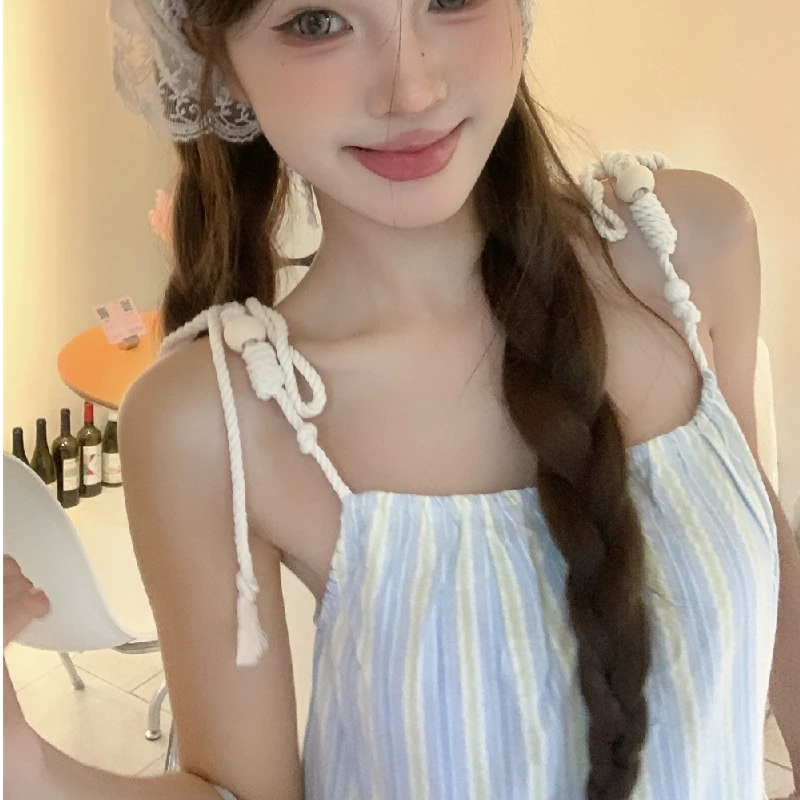 여름 바캉스 슬리블루 스트라이프 루즈 A라인 미디 드레스 여성 비치 휴가 바람 드레스 미들 웨이스트 노벨 폴리머 노 슬리...