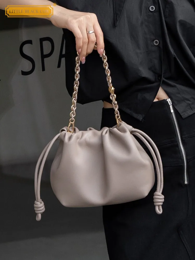 

New Fashion Chain Bucket Bag Women Cow Split Leather Drawstring Hobos Bag Single Shoulder Handbag Casual Ladies Crossbody Bags