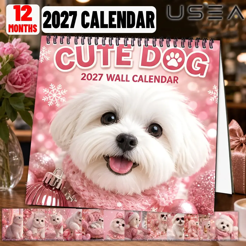 2027 Cute Fluffy Dog Wall Calendar  Twin Wire Spiral Hanging Calendar Large Writable Blocks US Holidays Ideal Gift