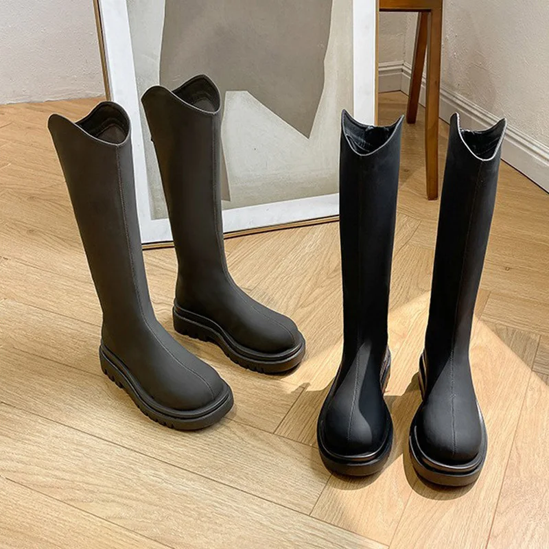 

Cowboy Knight Back Zip Platform Round Toe V Shape Ladies Knee High Stretch Boots Daily Wear Evening Party Fashion Winter Shoes