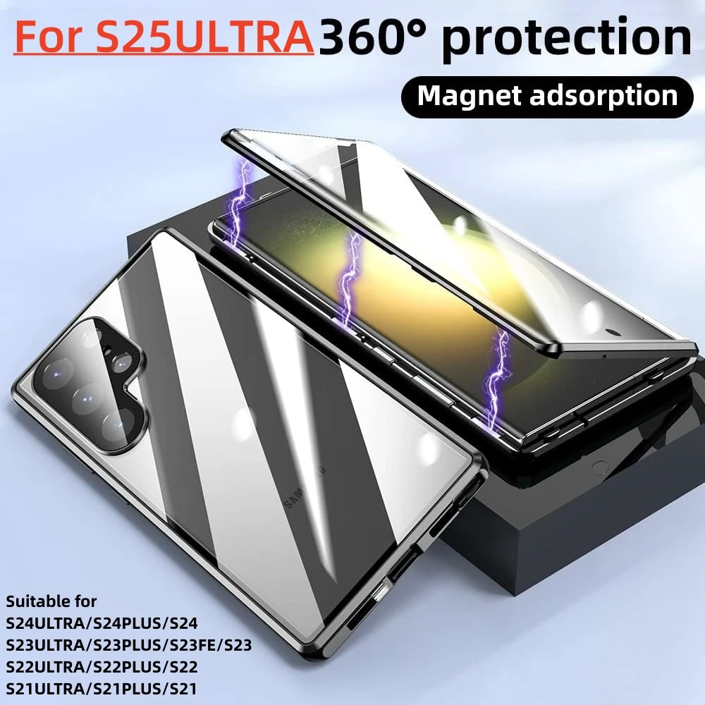 

360° Metal Magnetic Security Lock Double Sided Glass Cover For Samsung Galaxy S25 Ultra S24 S22 S23 Ultra With Lens Protection