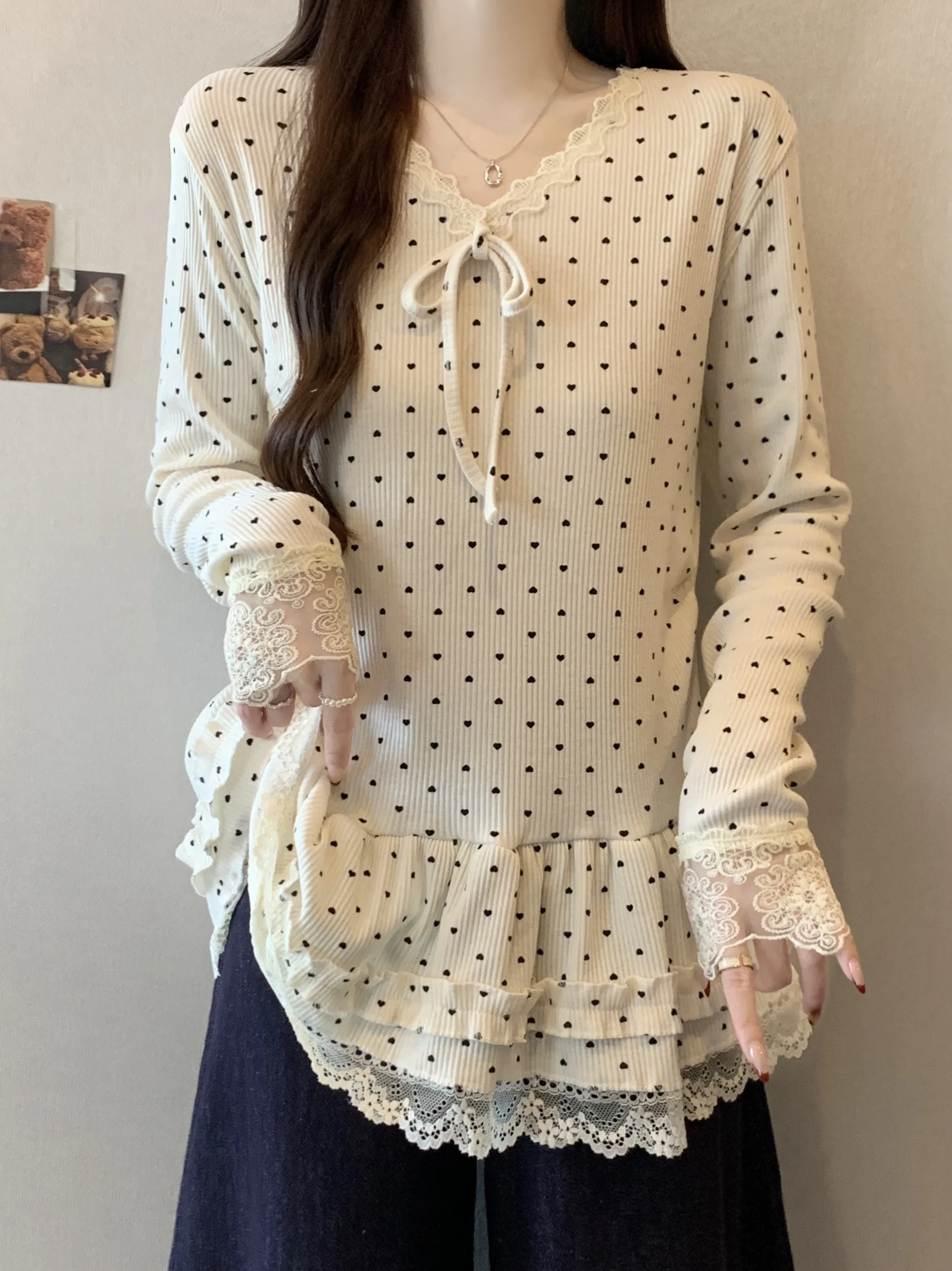 

Футболка Sweet Sle больших размеров с кружевной отделкой, V-образным вырезом, длинными рукавами, узловой вставкой, облегающая, с высокой талией