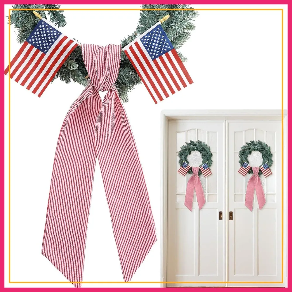 

2-Pack Patriotic Wreath Sashes with American Flags, 56x4.5 Inch Red White Stripe for July 4th Front Door Decor