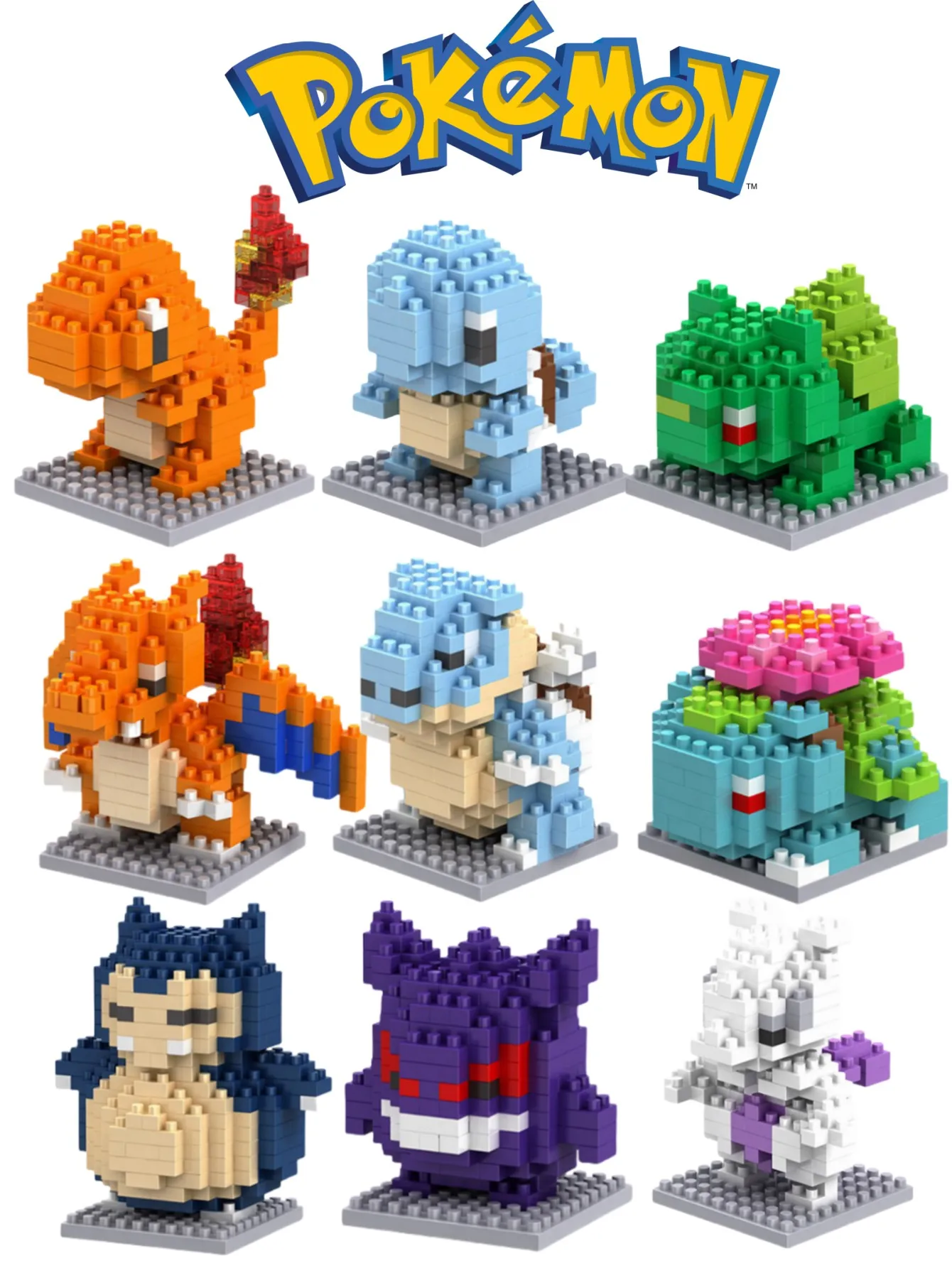 Brinquedo de Blocos de Montar Pokémon Gengar Charmander Snorlax Squirtle Bulbasaur, Mini Ornamento de Mesa, Decoração de Quarto, Natal
