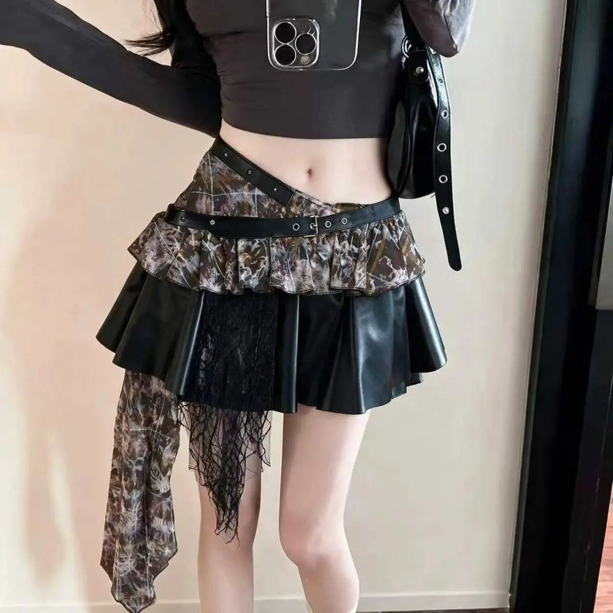 Women's Pu Leather Skirt Irregular Spice Girl Lace Stitching Pleated Skirt