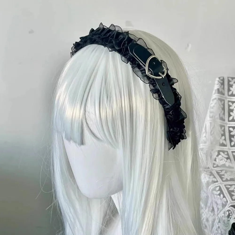 

Милая и очаровательная повязка на голову в стиле Лолита с готической кожаной пряжкой в стиле панк и темным аксессуаром для волос.