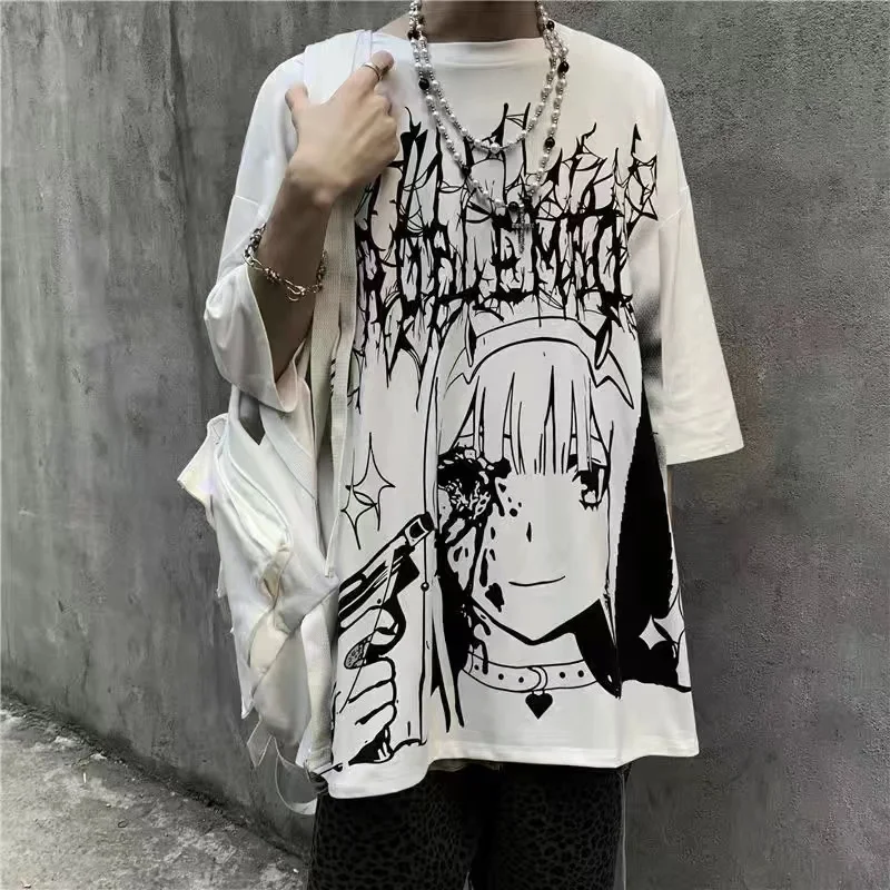 Men T-shirt Summer Dark Tee High Street Gothic Skull Tshirt Loose Oversized Short-sleeved Cotton Tshirt Anime Streetwear Men Top