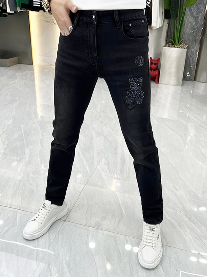 

Модные мужские джинсы с флисовой подкладкой, облегающие, с декором из страз в виде медведя, теплые, зауженные, повседневные, со средней посадкой