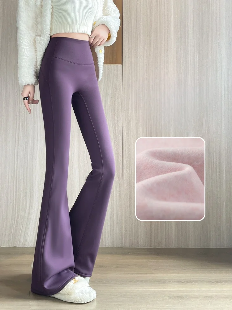 

High-Waist Fce-Lined Yoga Pants No-Cuff Micro Flared Warm Base Layer Trousers for Women Casual Long Pants Nylon Spandex