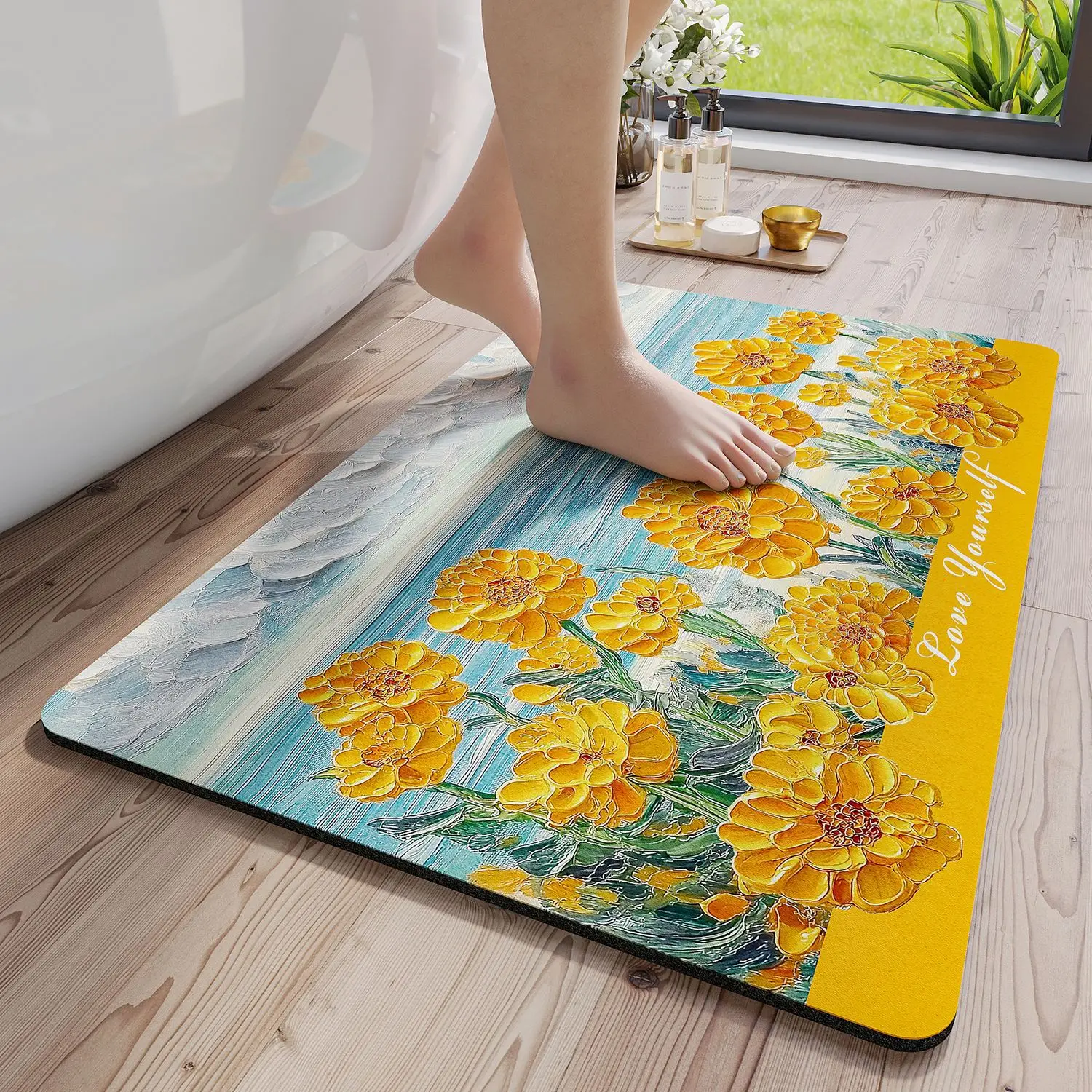 

VIKAMA Beautiful Oil Painting Flower Pattern Floor Mat For Bathroom Door, Anti-Slip Floor Mat, Interior Decoration