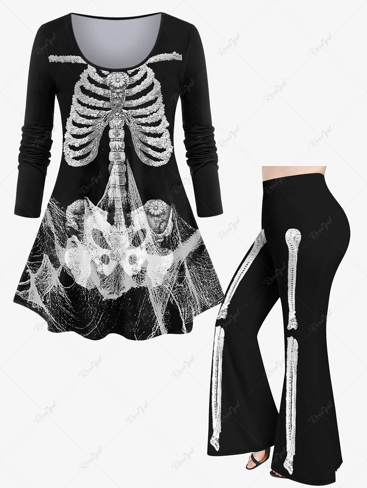 Plus Size Women's 3D Skeleton Printed Halloween Long Sleeves T-shirt Or Flare Pants Daily Casual  Autumn Winter New in Set