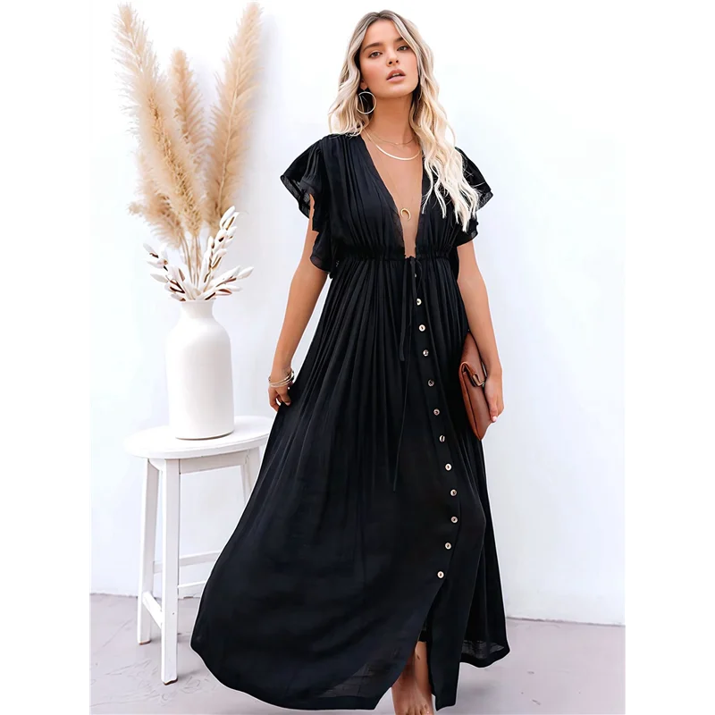 ABRT-Abito da spiaggia estivo casual da donna Abito maxi con volant Abito boho abbottonato Tunica lunga