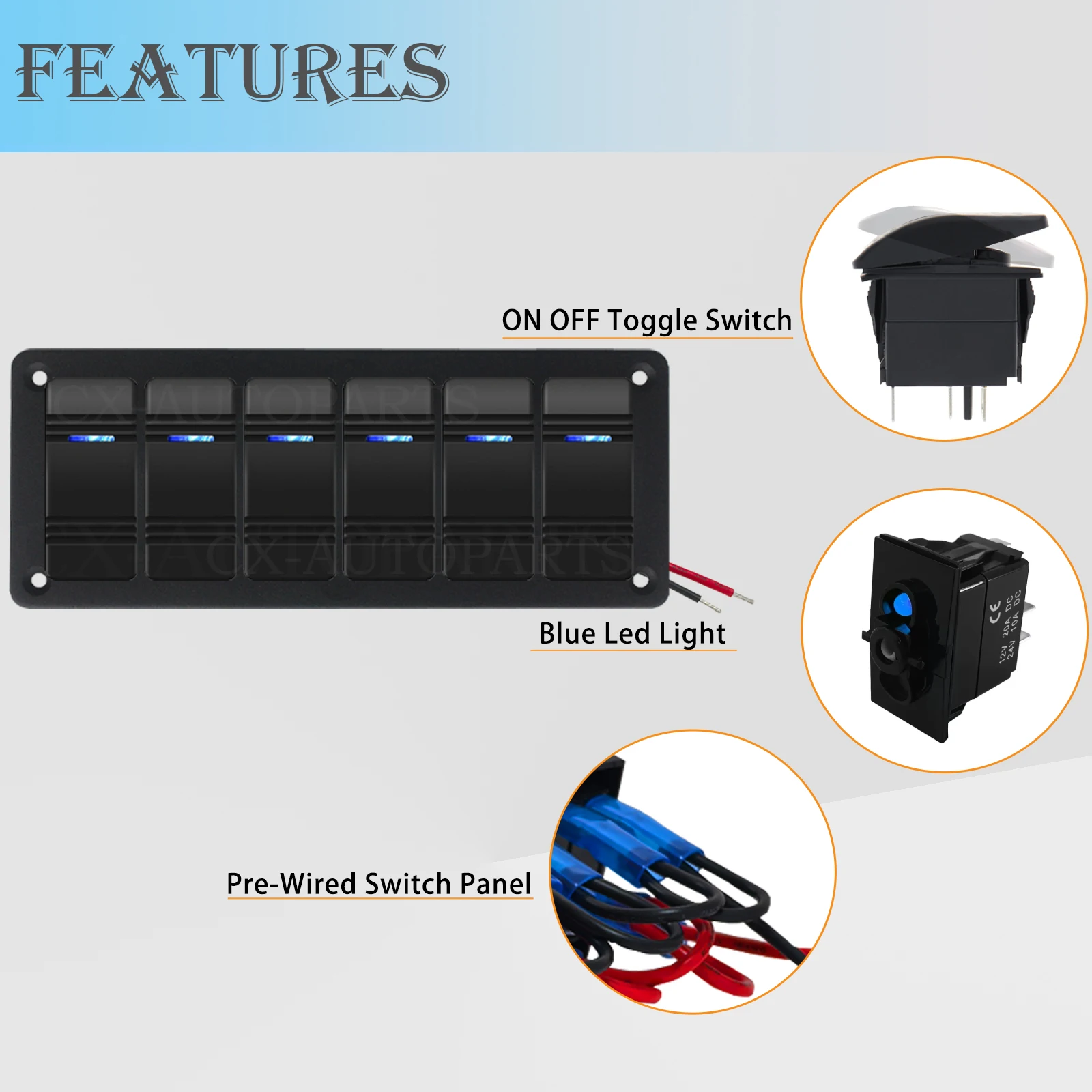 12 فولت 20A 6 عصابة لوحة مفتاح متأرجح الأزرق مصباح ليد بار ON-OFF تبديل التبديل مقاوم للماء لسيارة قارب تخييم RV يخت UTV ATV شاحنة #2