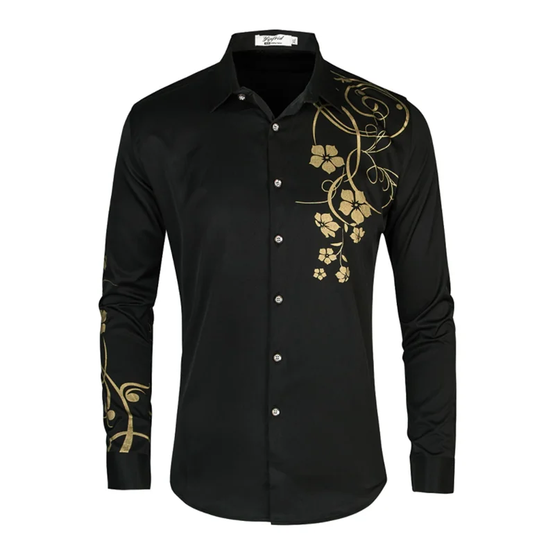 Summer New Male Long Sleeve Flower Shirt White / Black / Navy Blue Fashion Men Business Casual Top Slim Fit Clothing