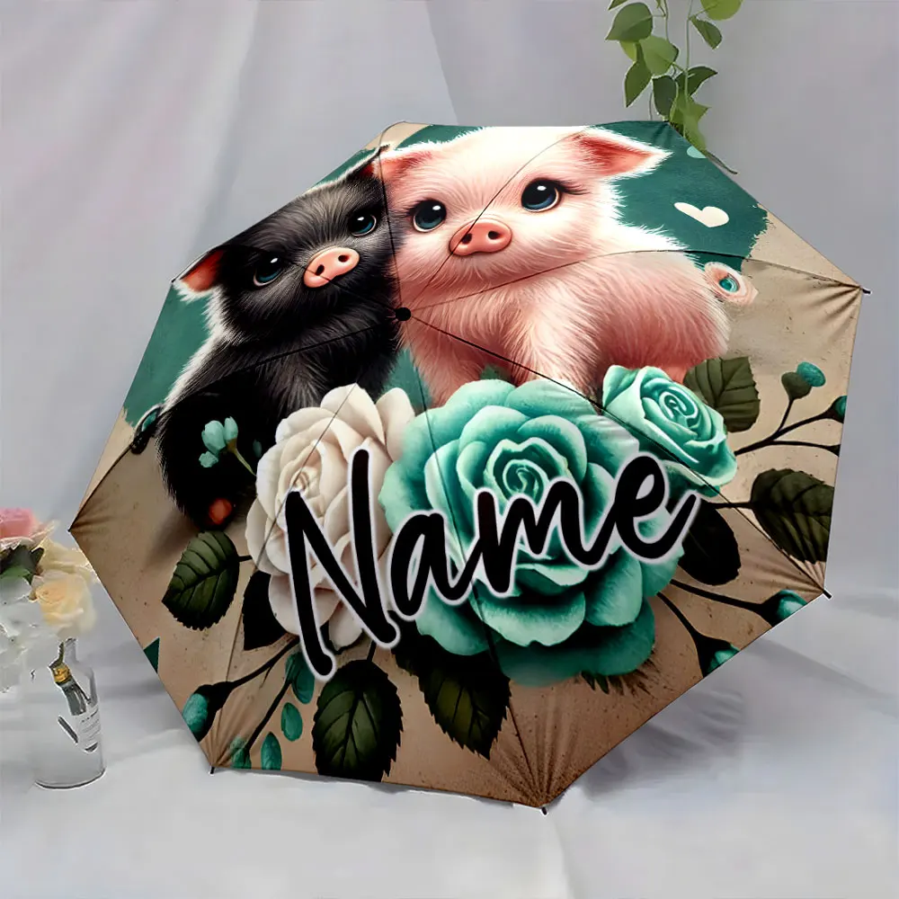 Custom Name Adorable Piglet Design Umbrella with Floral Accents Print 8 Iron Ribs Folding Umbrella Auto-Open Fashion Sunshade