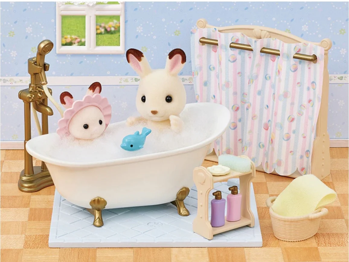 Sylvanian family-Conjunto de baño y bañera, accesorios originales, ropa, muebles, casas de juegos, juguete de Año Nuevo, 2023