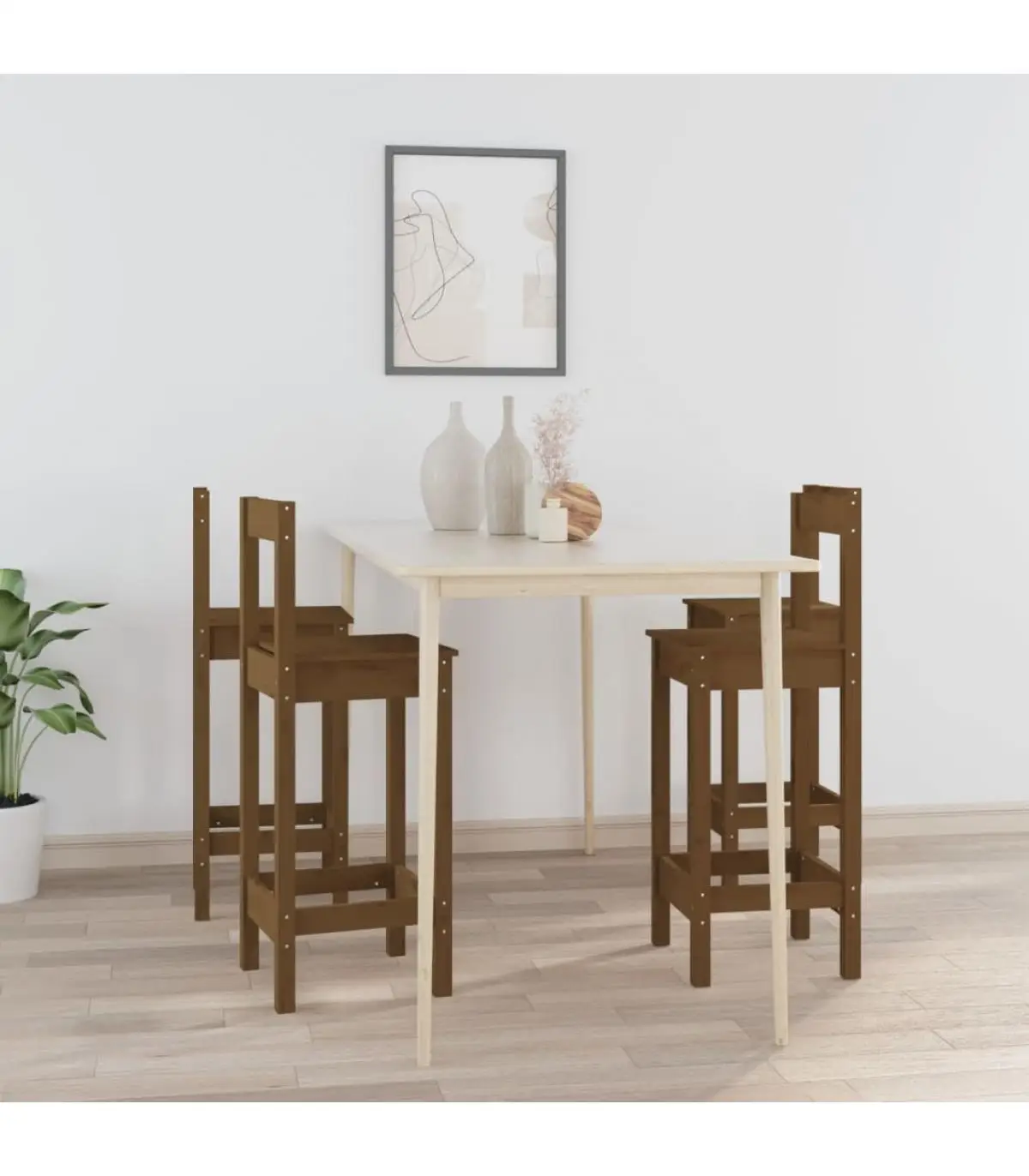 4 Pcts Solid Wood Pine Brown Honey High Stools Dining Chairs