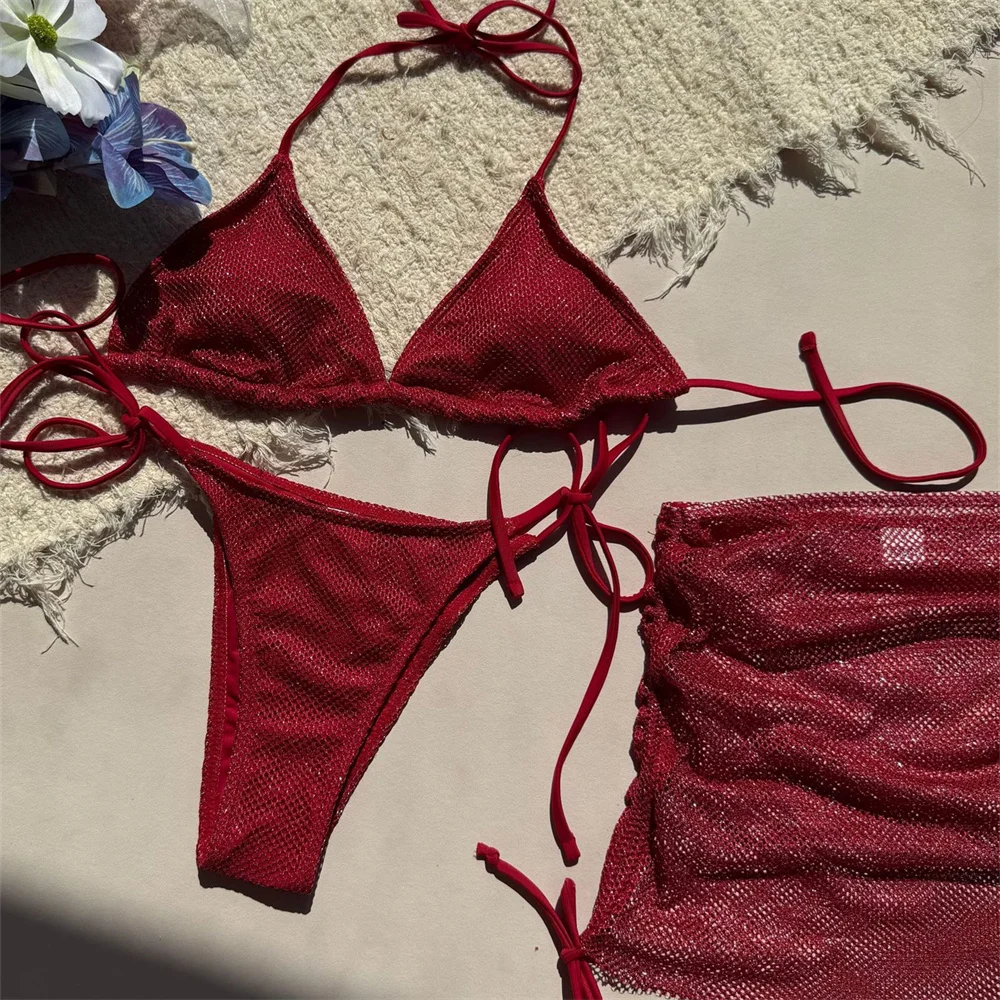 Microbikini con cordón brillante para mujer, traje de baño Sexy con espalda descubierta, traje de baño de malla para cubrir, traje de baño para vacaciones, Bikinis negros de 3 piezas