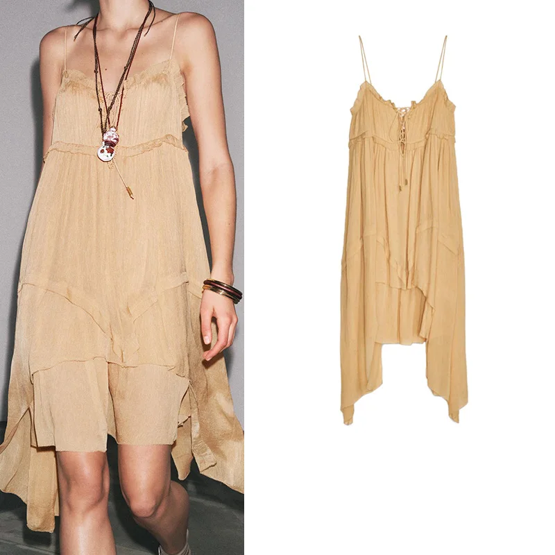 Vestido Casual de Verão com Decote Redondo, Sem Mangas, Decoração Assimétrica em Camadas, Saia Midi de Fibra de Poliéster com...