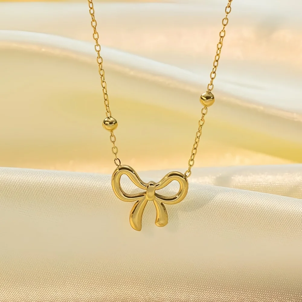 Edelstahl-Schleifenanhänger-Halskette, einfache Perlenkette, Schlüsselbeinkette für Damen, modischer Schmuck, Geschenk-Accessoires – Detail 3
